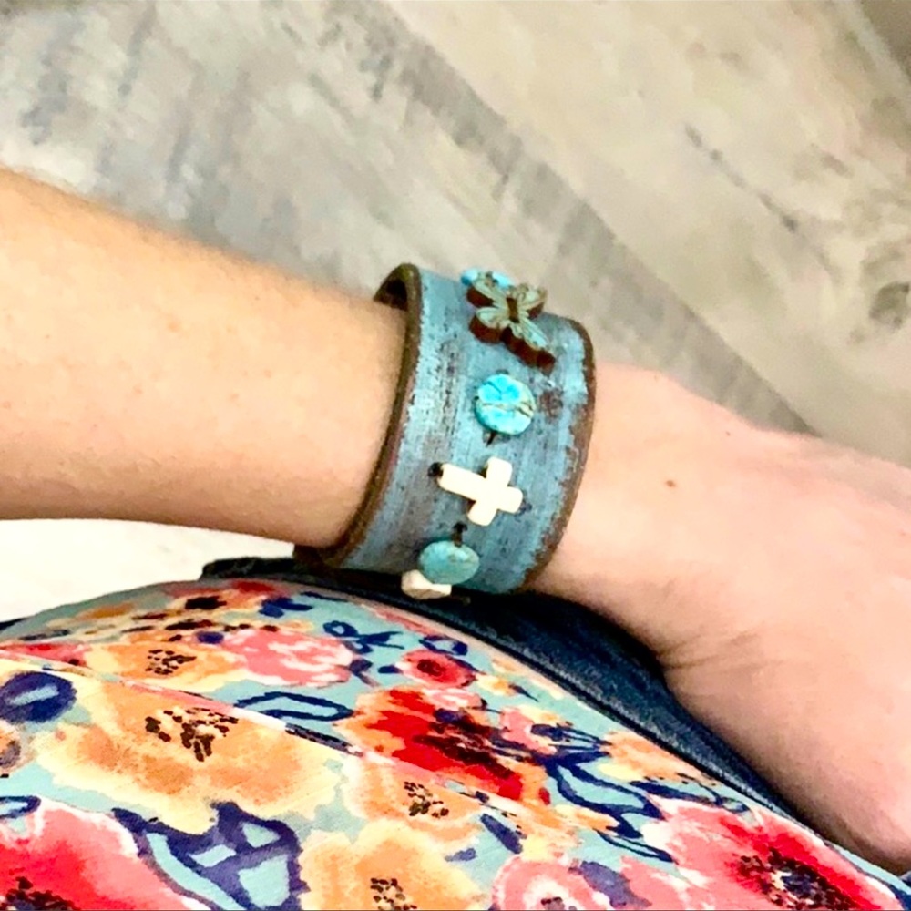 UP-CYCLED♻️ Azure Butterfly 🦋 Beaded Turquoise Handmade Leather Cuff Bracelet